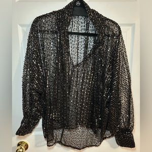 Zara Sequin Holiday Top (Semi-Sheer) with Tie Neck